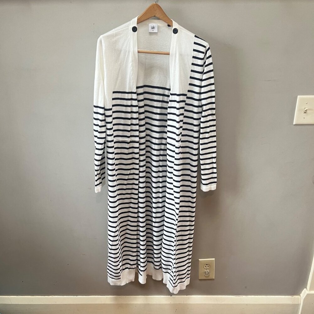 Cabi Longline Open Front Patchwork Stripe Victory Cardigan Sweater- Sz. M